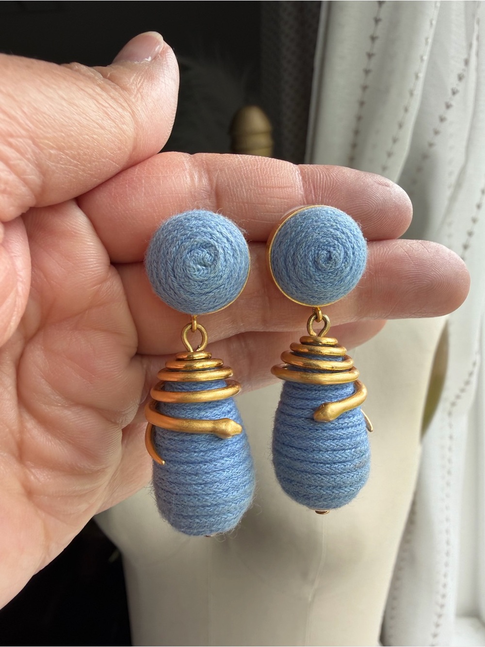 Hand-Wrapped Light Blue Woven Textile Drop Earrings with Gold Serpent Accents - Picture 9 of 13